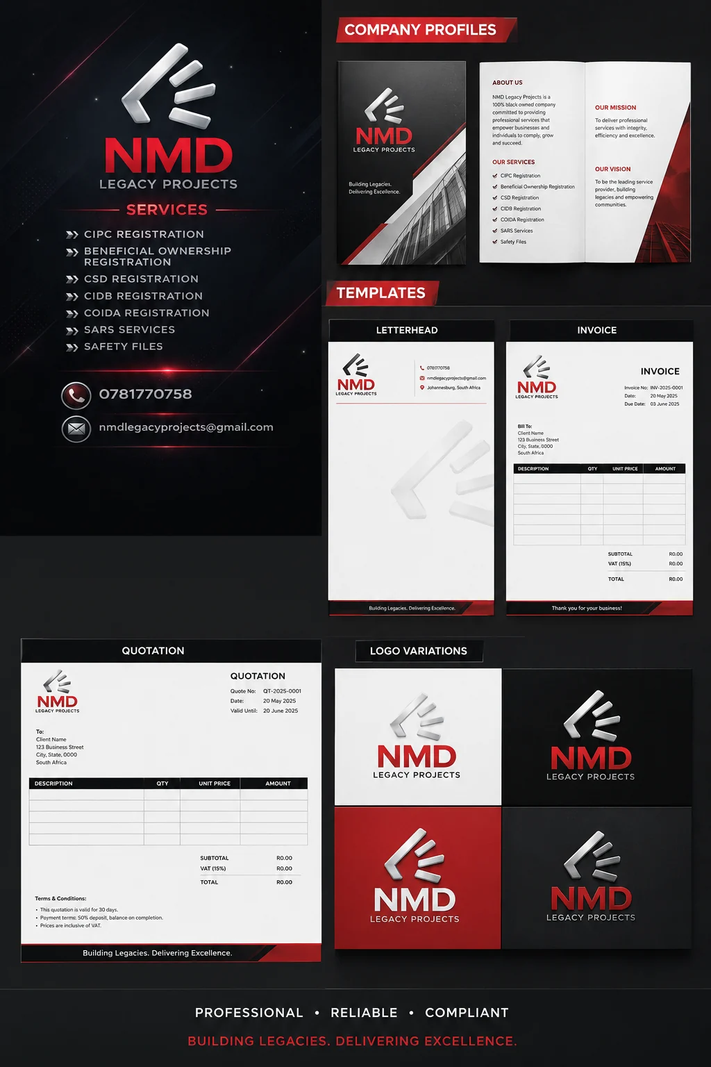 NMD Legacy Projects brand suite: company profile, letterhead, invoice and quotation templates and logo variations